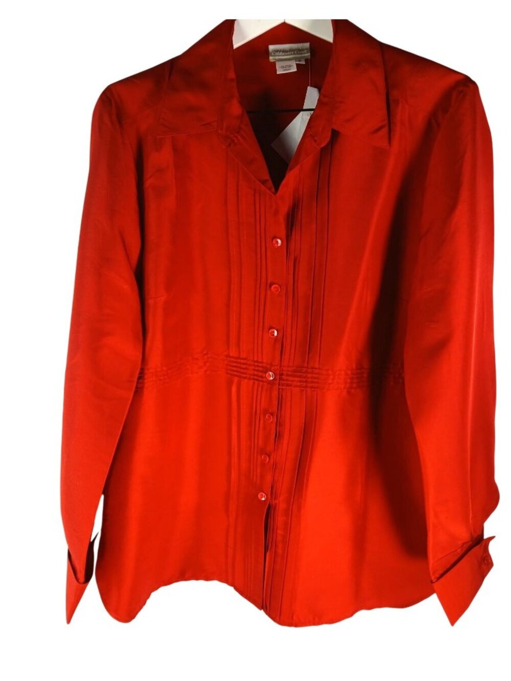 Coldwater Creek Womens Red Button Up Long Silk Sleeve Blouse Size 16 Pintuck